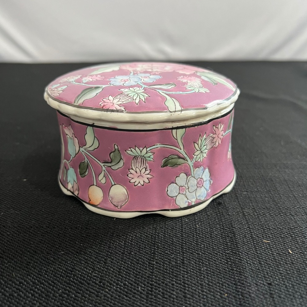 Vintage JCPenney Pink Floral Porcelain Trinket Box Scalloped Chinoiserie Peony